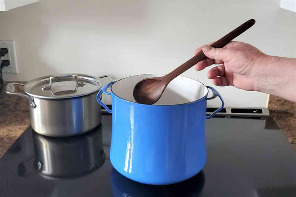 walnut spoon and stock pot