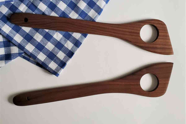 right and left handed wood spatulas with hole