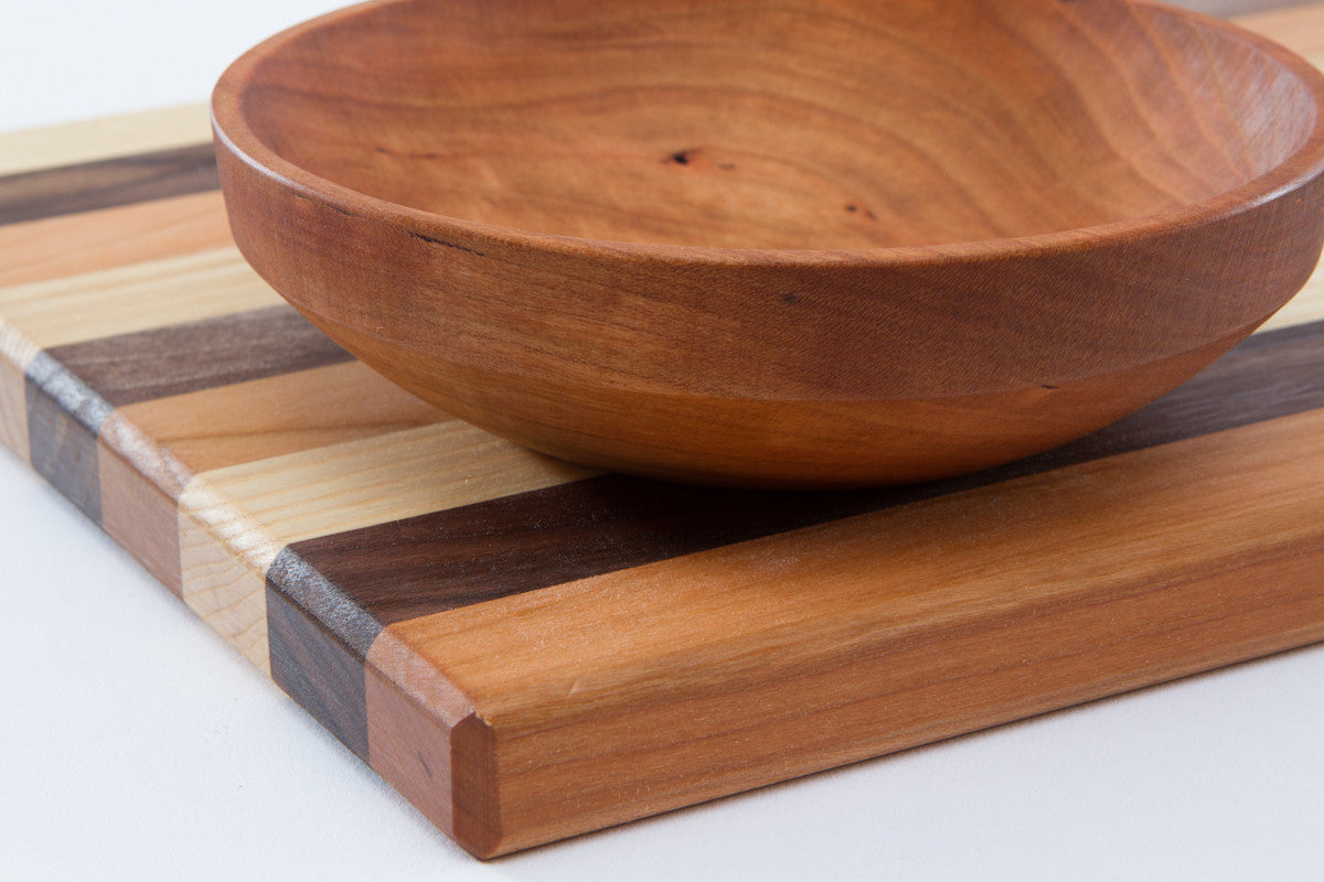 Mixed Wood Cutting Board with Integrated Bowl Scoop